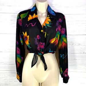 VTG Hot stuff Y2K small black floral tie crop women blouse Fairycore whimsygoth